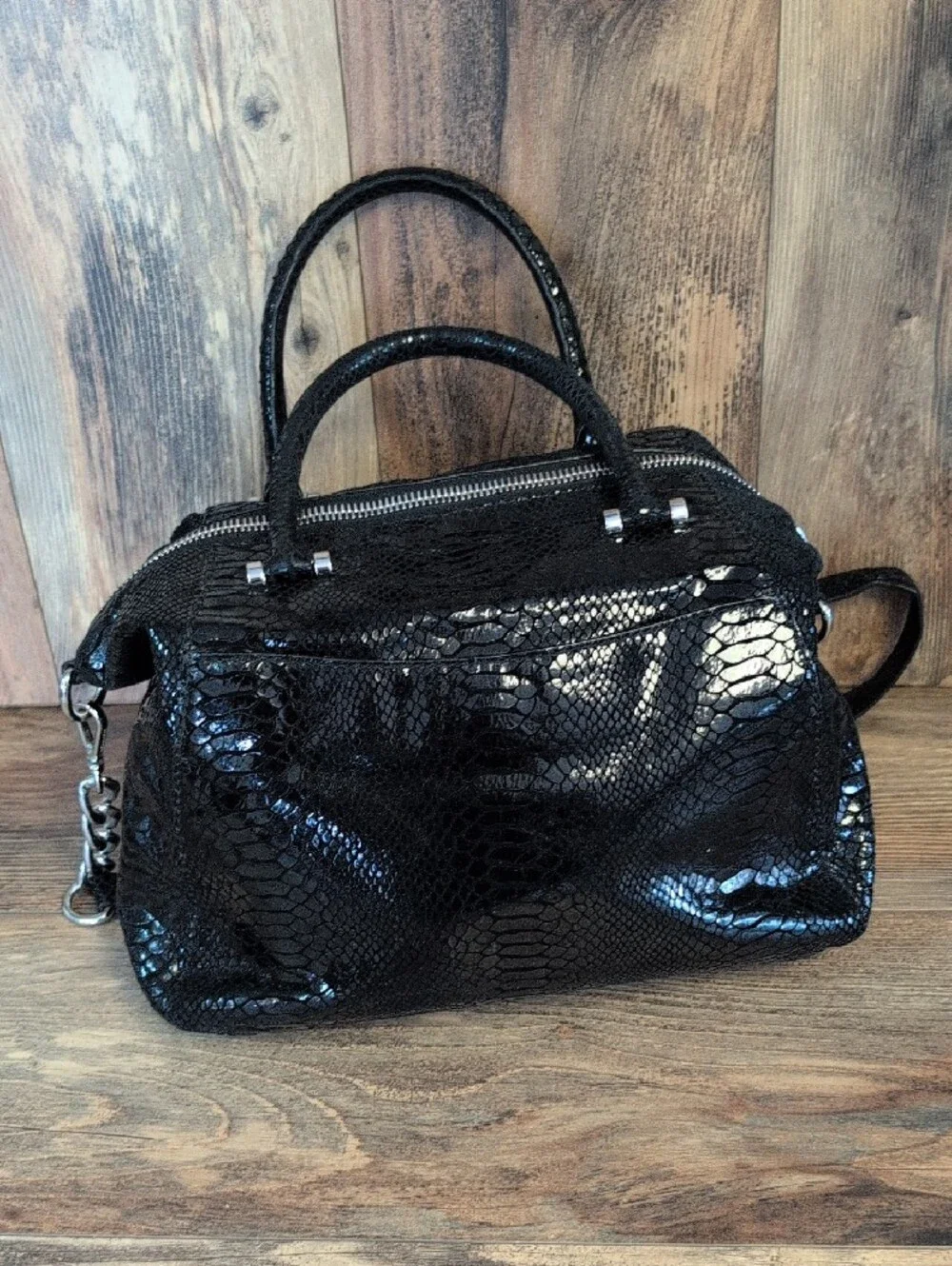 Michael Kors Glossy Snake-Embossed Python Satchel with MK Medallion M478